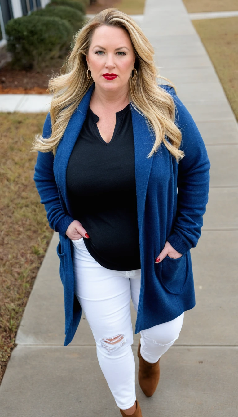 chubby woman, 40 years old white Caucasian woman walking outside, day time, Mississippi, Gulfport, cold winter day, long straight blonde messy hair, casually and daily dressed, big hips, thick thighs, casual winter clothed, natural big breasts, Full Body Shot, From Above View, High Angle View, selfie, serious, make-up, lipstick, pants