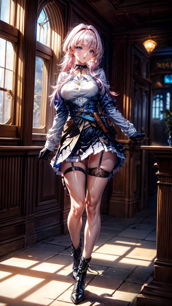 a beautiful young woman, light pink hair,  big blue eyes, ankle boots, archery shooting glove, badge, bare legs, black choker, black corset, black footwear, black gloves, blue jacket, blue skirt, boots, button badge, buttons, choker, collarbone, corset, earrings, flower ornament, gloves, high heel boots, high heels, jacket, jewelry, long sleeves, miniskirt, partially fingerless gloves, pleated skirt, shirt, showing blue lace panties, single earring, single glove, skirt, thigh strap, tied jacket, underbust, white shirt, skirt lift, flipped my skirt, innocent looking, beautiful detailed eyes, beautiful detailed lips, extremely detailed face, long eyelashes, standing in a train station, sunlight streaming through the windows, intricate architectural details, gleaming metal and glass, warm color palette, cinematic lighting, photorealistic, 8k, high quality, detailed