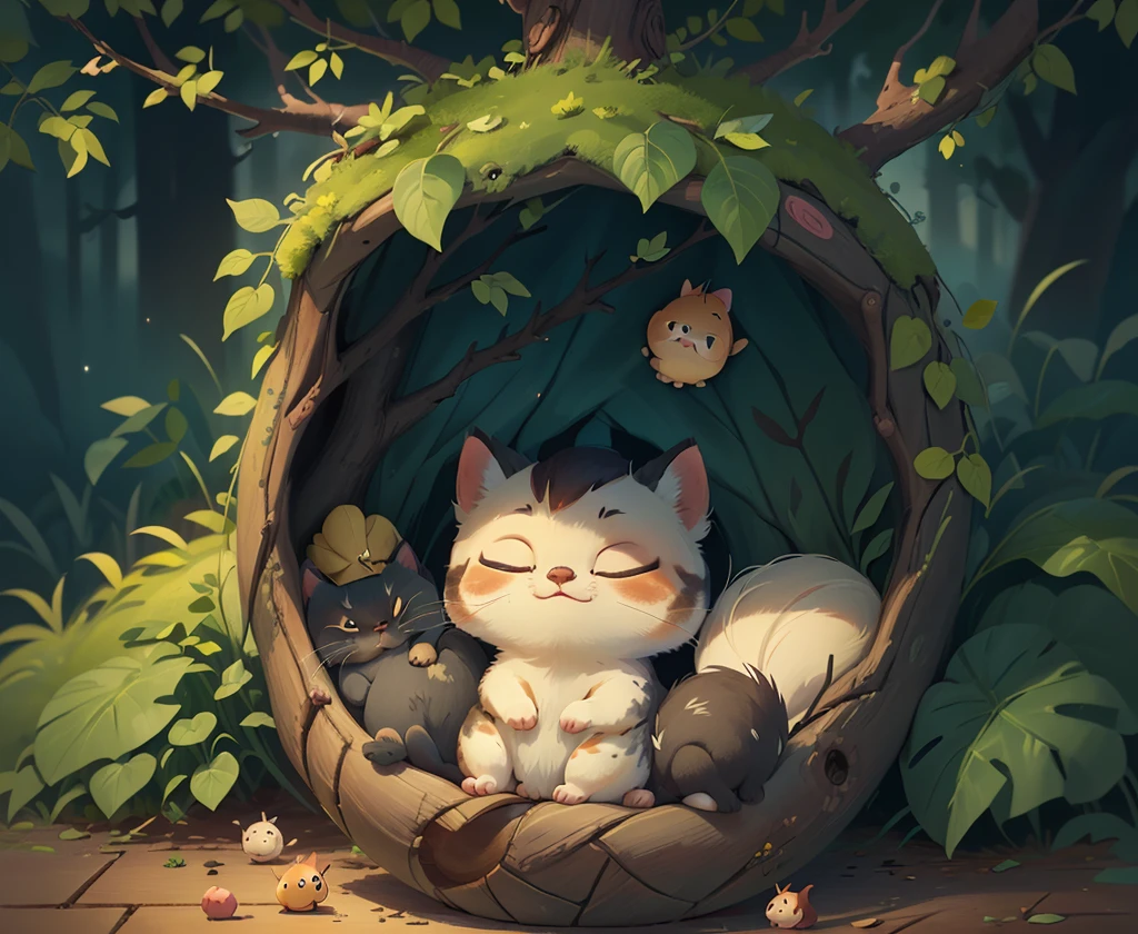 it's late at night,kawaii cuteLittle kitty,Illustration of sleeping in a warm tree hole, She rolled up into a ball,Enter sweet dreams。goodnight,Little squirrel。close up, Pixar cinematic style, best quality, movie stills, very cute,