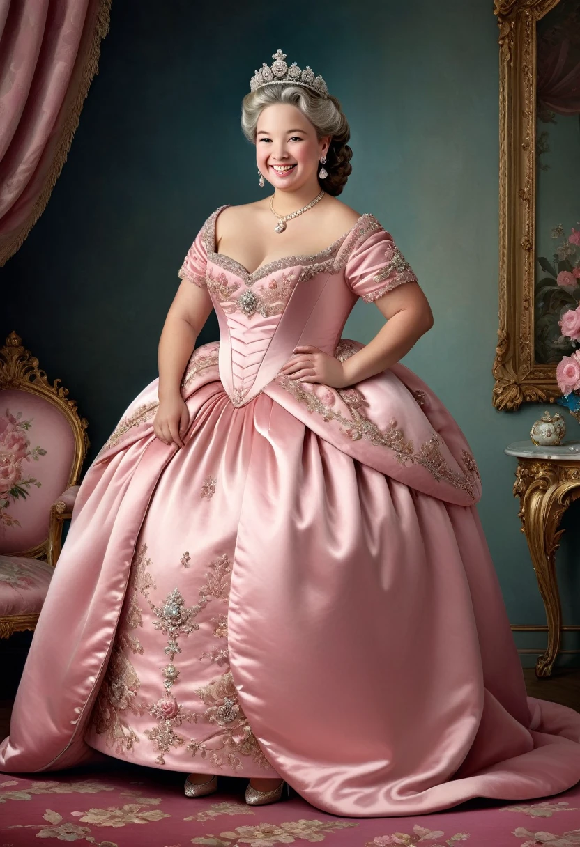 photorealistic portrait of Dressed animals - a ((fat)) (shark) princess, (cute),(full body image:1.5),(elegant pose:1.5) Wearing luxury sack-back gown,(wearing luxury tiara),(hands on hips:1.5),(happy),(smile:1.5), Old-fashioned luxury loyal pink dress, detailed and opulent description of a loyal aristocratic sack-back gown in Rococo , emphasizing luxurious fabrics, intricate embroidery, and ornate accessories, Rococo style king palace background,(looking at viewer:1.5),score_9, score_8_up, score_7_up, score_6_up, score_5_up, score_4_up,