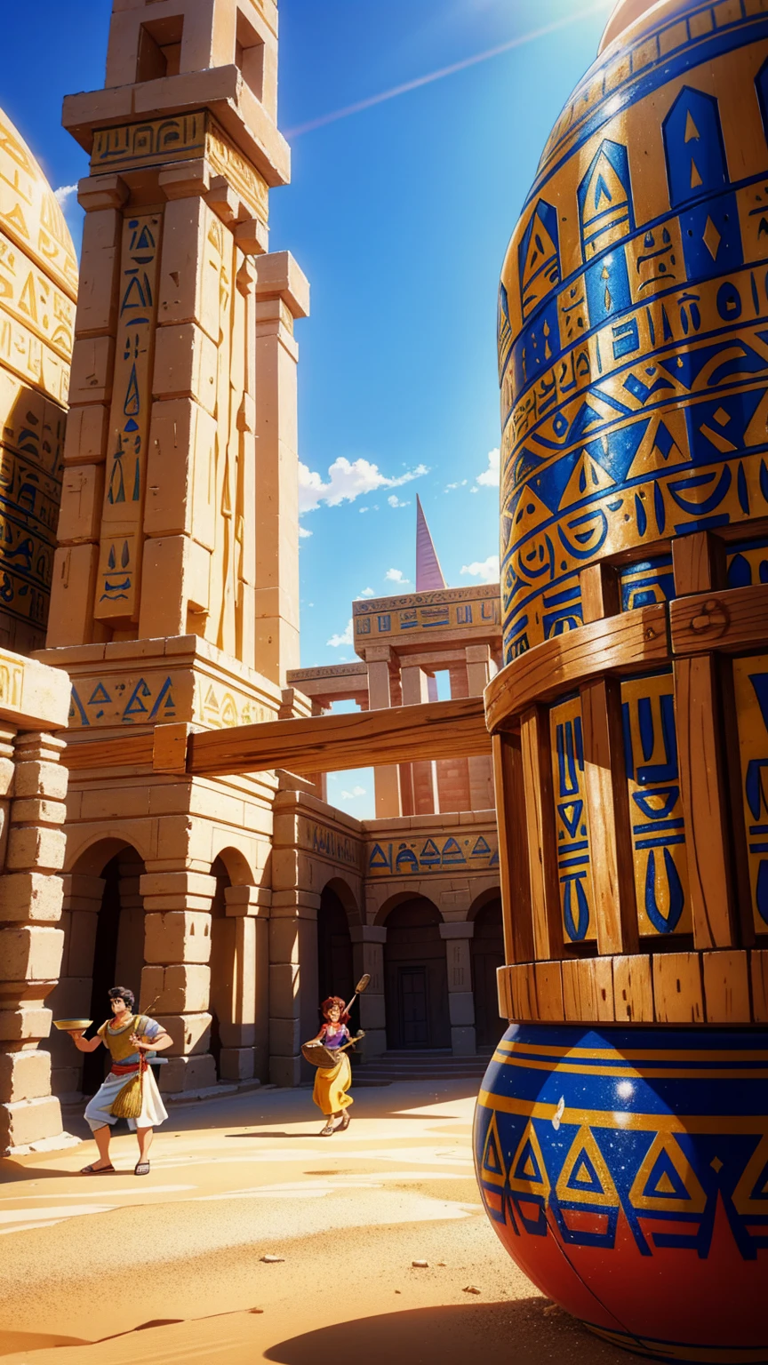 A vibrant 3D Pixar-Disney animated style scene set in ancient Mesopotamia or Egypt, showing characters brewing beer. The scene includes clay vessels and detailed ancient architecture. Characters are wearing typical clothing of the era, interacting cheerfully, and actively involved in the brewing process, using wooden cups instead of glass mugs, with a lively marketplace in the background.