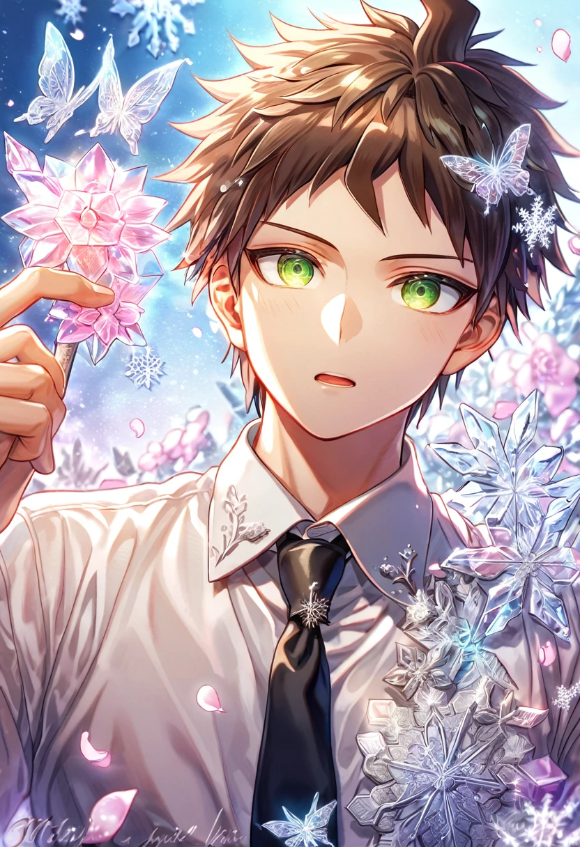 Ultra detailed, HDR, Highres, absurdres, master piece, Hinata Hajime, brown hair, expressive green eyes, white shirt, black necktie, Danganronpa, handsome, ice glittering butterflies, ice, petals, ice pink glass flowers, glittering, fantasy, magical, snowflakes, cold, solo, sexy man,
