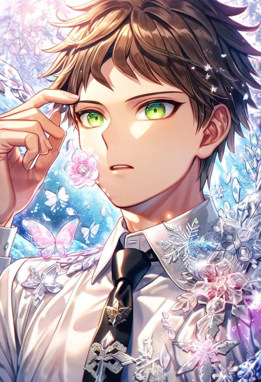 Ultra detailed, HDR, Highres, absurdres, master piece, Hinata Hajime, brown hair, expressive green eyes, white shirt, black necktie, Danganronpa, handsome, ice glittering butterflies, ice, petals, ice pink glass flowers, glittering, fantasy, magical, snowflakes, cold, solo, sexy man,