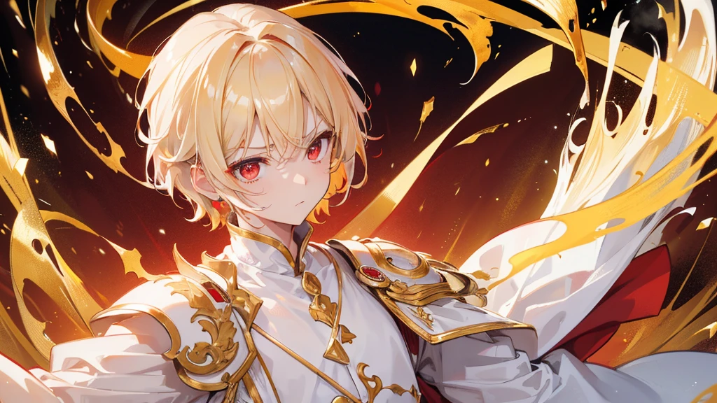 (Highest quality)　(4K)　(8k)　(High resolution)　(masterpiece:1.2)　(Super detailed)　One boy　short hair　emperor　Red eyes　Long sleeve　Golden decoration　Hair between the eyes　White Dress　Wavy golden hair　Upper Body　(White Background)　front　Get angry