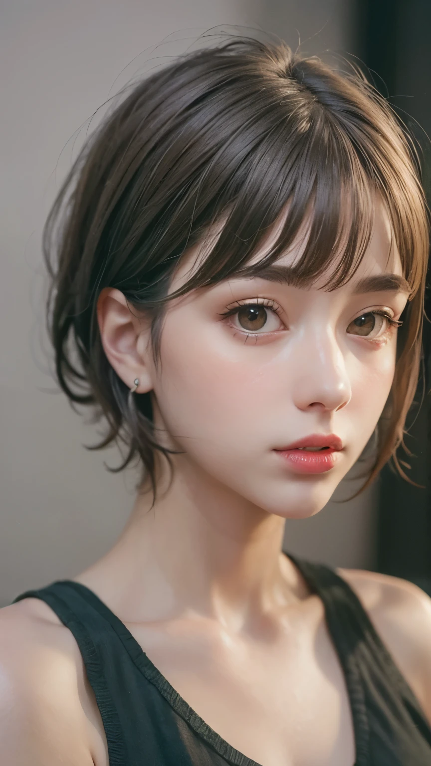 Masterpiece hyperrealist & Photorealistic beautiful girl, Realistic Skin (Pore-filled skin) Short Bob Cut Hair, Realistic red lips,Punk Girl, (head shot:1.5),Shorts