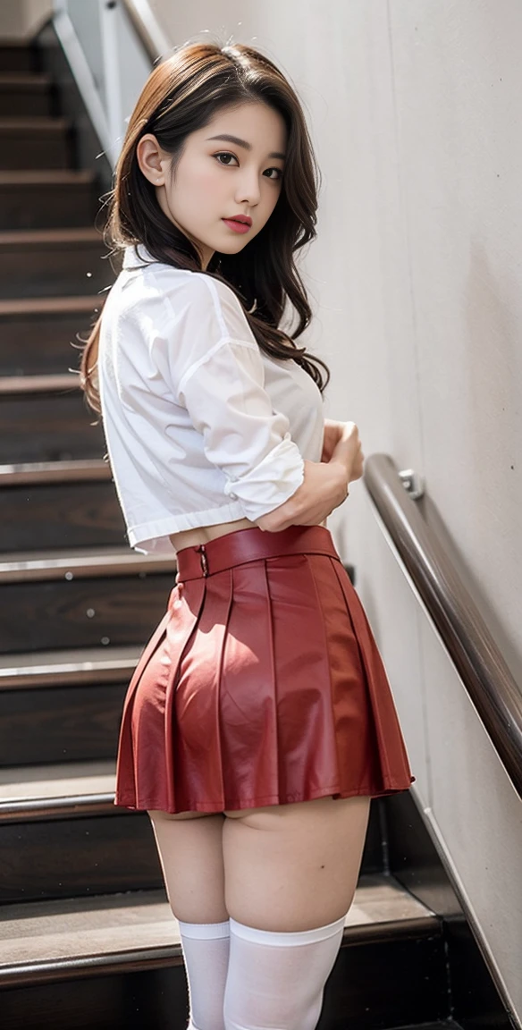 Top quality、8K、 asian woman in a skirt and sneakers posing on a flight of stairs, wearing skirt, miniskirt, pleated miniskirt, wearing skirt and high socks, thighhighs and skirt, short skirt, mini-skirt, wearing a skirt, in shorts, wide skirts, thighs close up, wearing red shorts, pleated skirt, mini skirt, skirt
