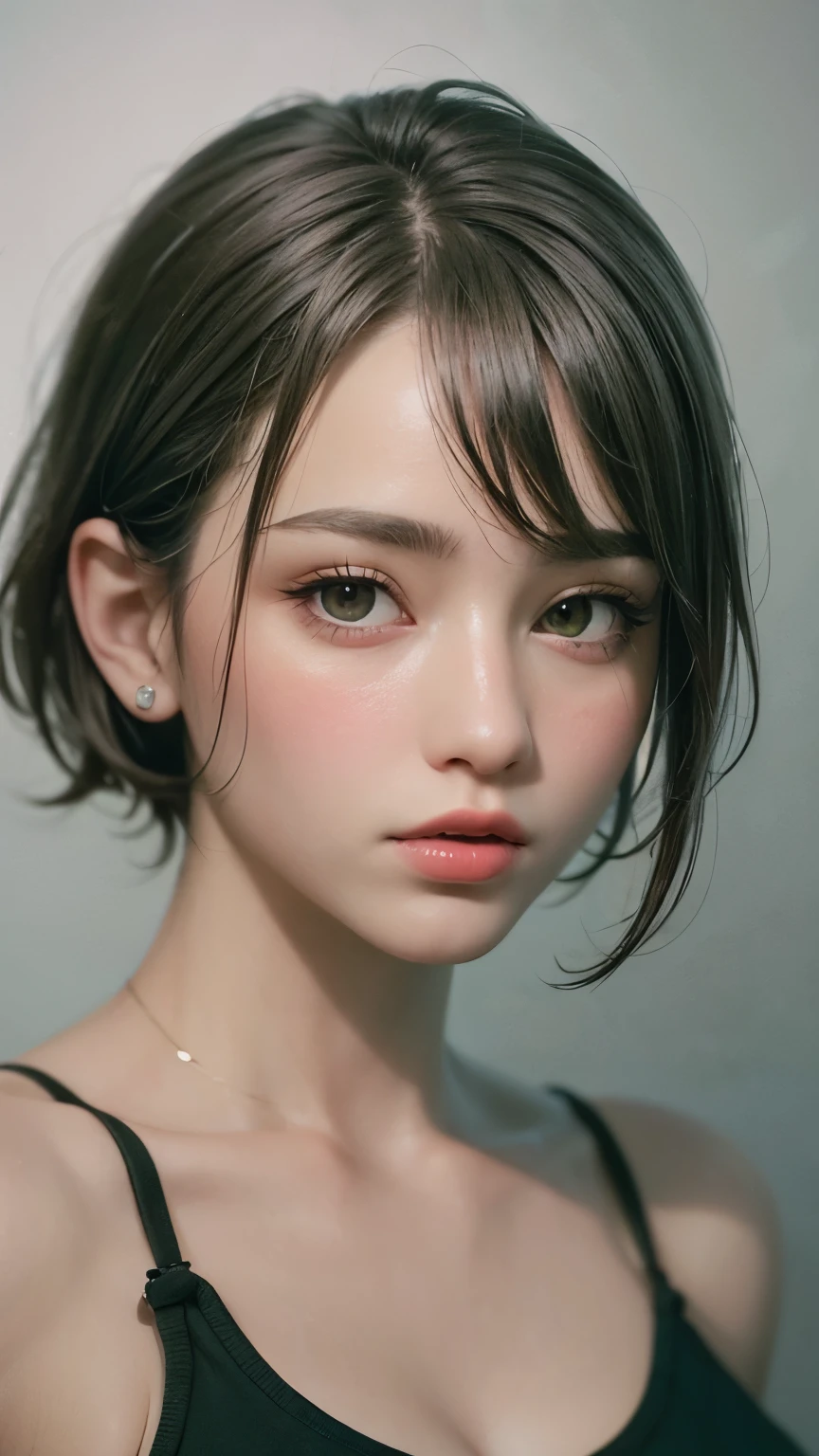 Masterpiece hyperrealist & Photorealistic beautiful girl, Realistic Skin (Pore-filled skin) Short Bob Cut Hair, Realistic red lips,Punk Girl, (head shot:1.5),Shorts