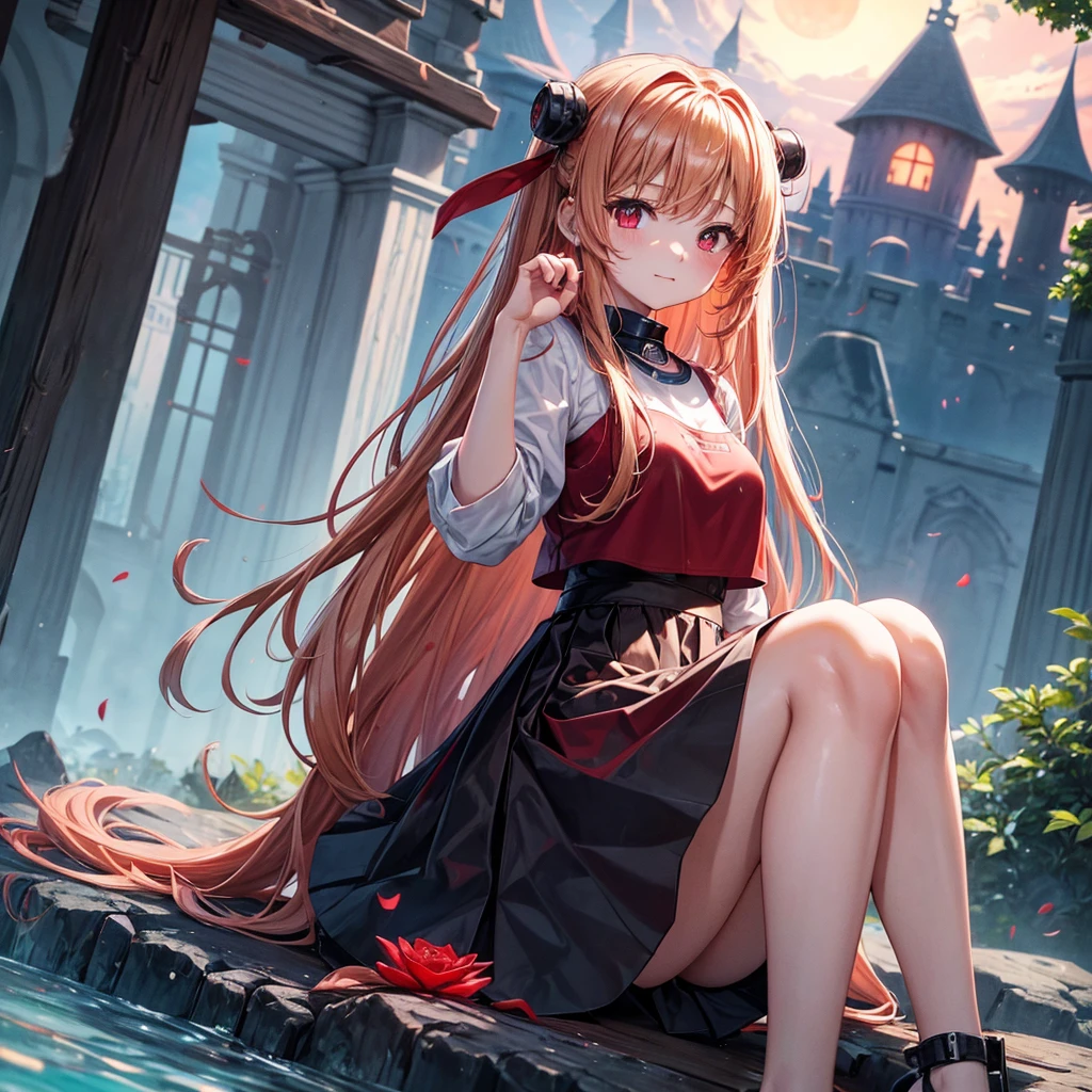 Red-blonde、Red eyes、One cute girl、solo、And soul、Light clothing、Checked mini skirt、petal、Wet hair、Sit on、black t-shirts、large tree、cloud、full moon、monster castle、lanthanum、Hell's Gate、Craft Gatekeeper、barefoot、Stones are piled up、Devil、Teeth are visible、Secret Treasure、Wooden chair、Wooden fence、Carrying a backpack