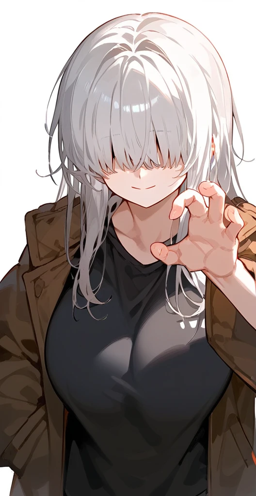 (((Long white Beautiful Hair))),greys hair,kawai,(((Eyes visible from bangs,hair over eyes:1.3))),,Huge breasts,(yellow color eyes),,(yellw slanted eyes),Long bangs covering his right eye (wearing a black shirt) wearing an open brown jacket (Pose right hand hanging down) Left hand pose metal pose  (soft smile) white background (The right eye is visible, the bangs only cover the left eye) Long hanging brown jacket (right hand pose in jacket pocket)