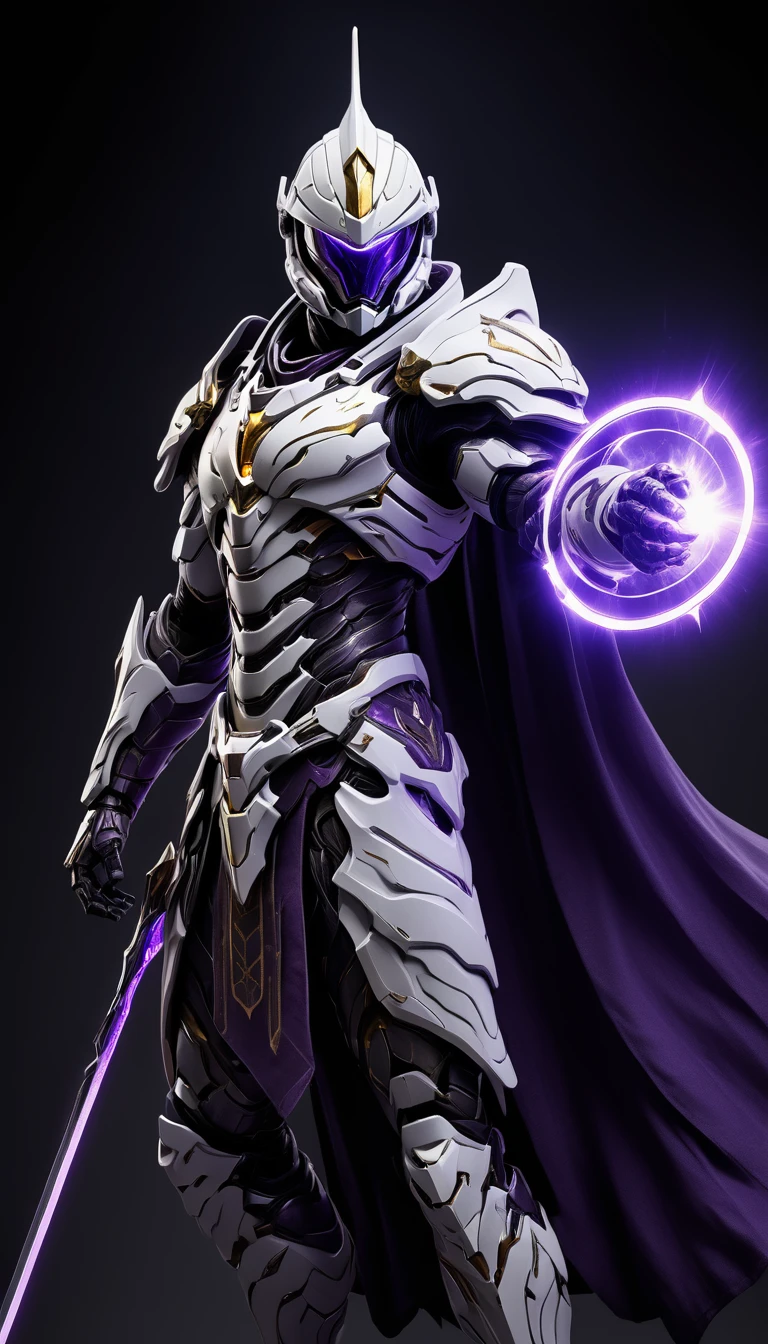 Masterpieces, Holy White Knight, Action style shot, (Battle Priest in a warframe and halo style armor wielding a spear imbued with purple radiant light, emanating potent light magic.), (purple white, silver color scheme), (white hood and cape), (action shot: holding spear, (quiver on back), white and purple tabard (solid color background), centered, full body shot, (dynamic action stance pose), sci-fi knight, Halo master chief, vibrant colors, visible figure joints, cinematic shot, volumetric lighting, intricate pattern detail, highly detailed