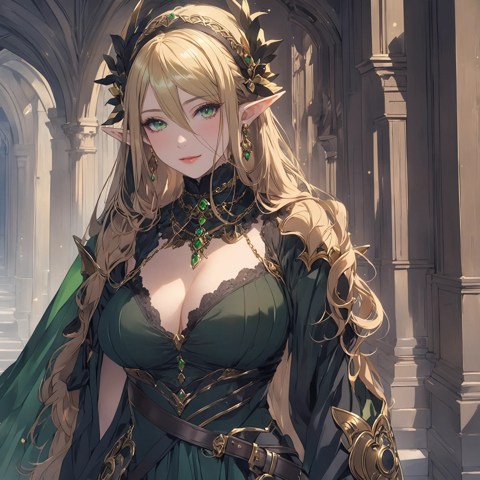 
masterpiece, best quality, good quality, Fantasy Aesthetic, Highly detailed, shadowverse style, female, elf, green eyes, big , milf, golden hair, elven aesthethic