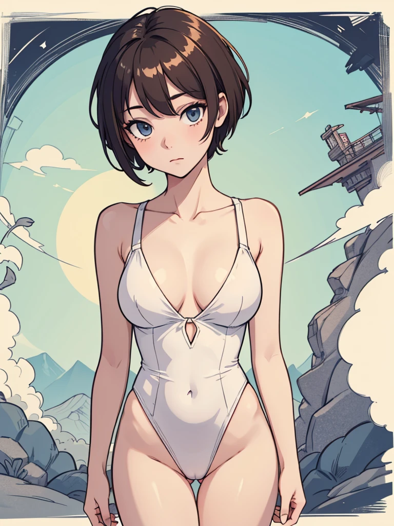 (((masterpiece, best quality, ultra highres, 1 girl, solo, no background))), super detailed skin and face and eyes and finger, beautiful japanese woman, small breasts:1.5, skinny, light brown hair, white background, very short pixie hair, cowboy shot, Generate with illustrations, Various expressions, Various poses, Please draw the entire character within the frame, ensuring that the head, arms, and legs are not cut off. The background should be simple, with the character positioned centrally, outline, anime, 2d, boyish, sexy leotard, spread legs, expressionless,