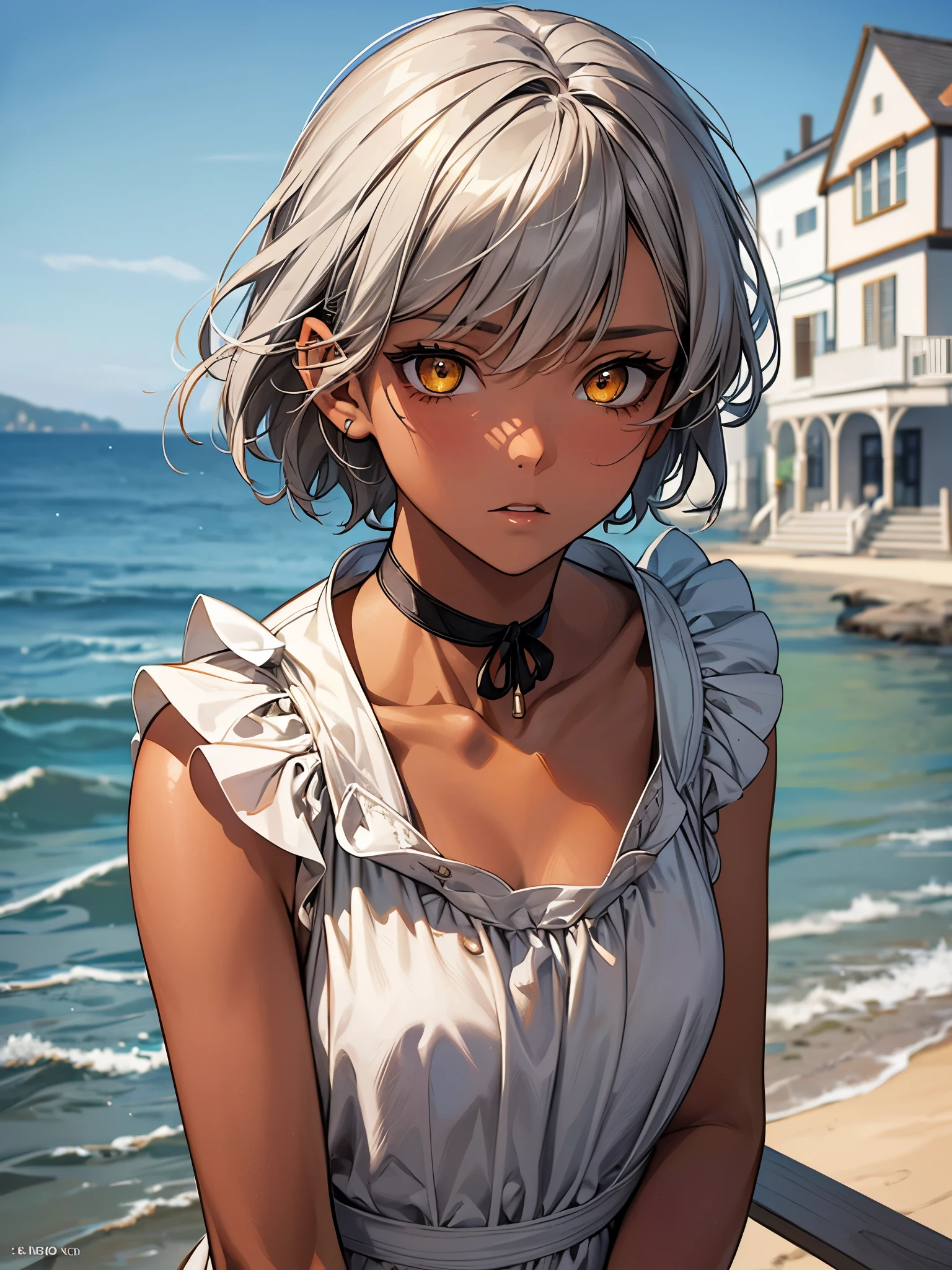 masterpiece, Highest quality, Perfect Face, Highest Resolution, Highest quality,Detailed depiction of the eyes, 1 girl, young, dark tan skin, slate gray hair, short hair, upturned eyes, Yellow Orange eyes, Perfect Anatomy, ribbon choker, Seaside house, 8k