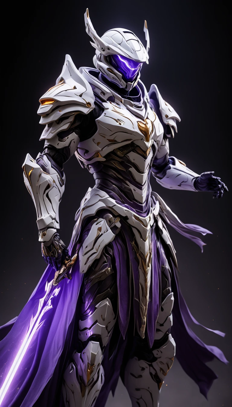 Masterpieces, Holy White Knight, Action style shot, (Battle Priest in a warframe and halo style armor wielding a spear imbued with purple radiant light, emanating potent light magic.), (purple white, silver color scheme), (white hood and cape), (action shot: holding spear, (quiver on back), white and purple tabard (solid color background), centered, full body shot, (dynamic action stance pose), sci-fi knight, Halo master chief, vibrant colors, visible figure joints, cinematic shot, volumetric lighting, intricate pattern detail, highly detailed