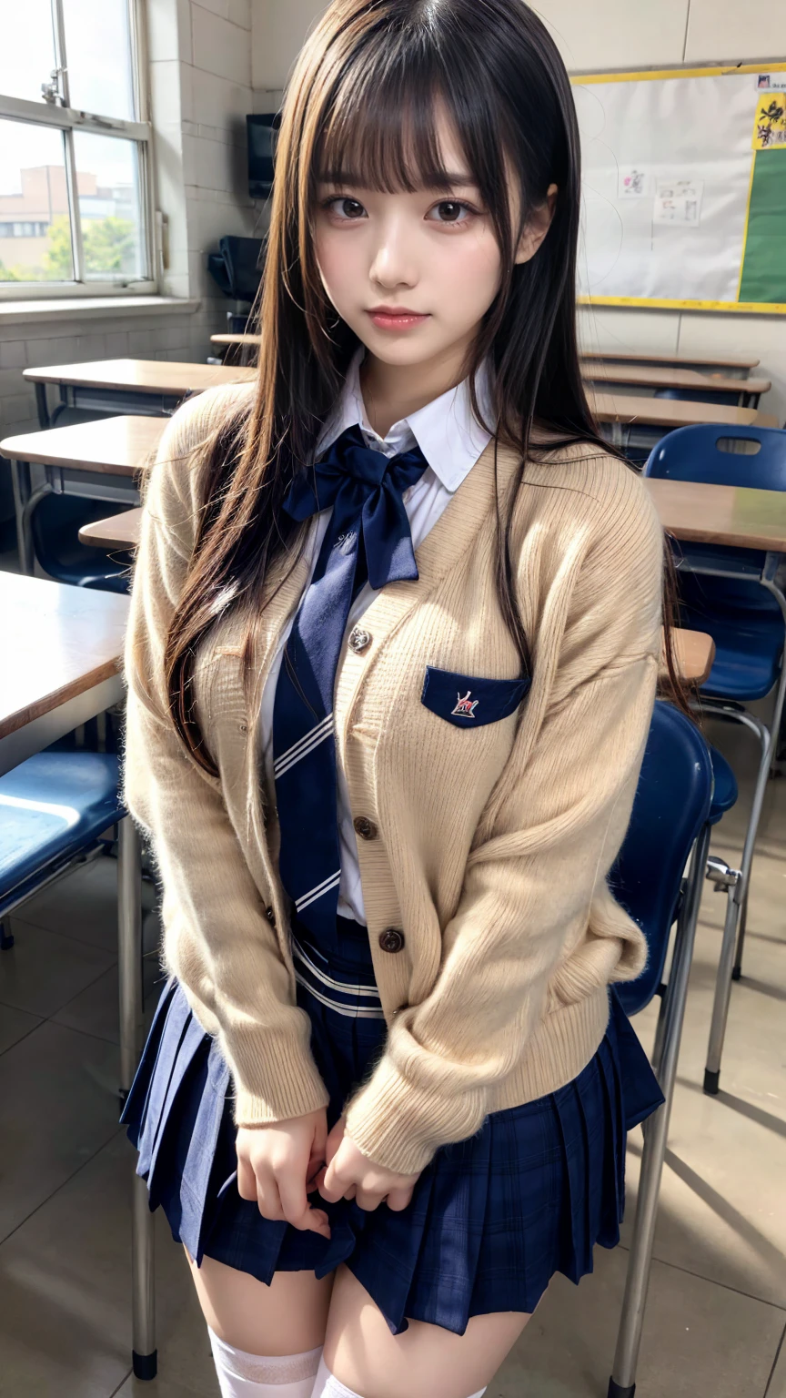 masterpiece, best quality, illustration, Super detailed, fine details, High resolution, 8K,wall paper, perfect dynamic composition,(Details High quality, realistic depiction of eyes:1.3), High School Classroom、High school girl uniform、Cardigan、Super Short Check Uniform Skirt、Navy blue high socks、garterbelts、Colossal tits、Disturbed uniform、long hair, black hair color, Big Natural Color Lip, bold sexy pose, (perfect body shape), crying a little、Harajuku style、20 year old girl、cute type, beautiful legs, hposing Gravure Idol, Voluptuous thighs