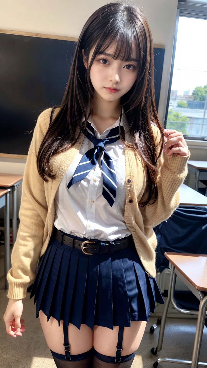 masterpiece, best quality, illustration, Super detailed, fine details, High resolution, 8K,wall paper, perfect dynamic composition,(Details High quality, realistic depiction of eyes:1.3), High School Classroom、High school girl uniform、Cardigan、Super Short Check Uniform Skirt、Navy blue high socks、garterbelts、Colossal tits、Disturbed uniform、long hair, black hair color, Big Natural Color Lip, bold sexy pose, (perfect body shape), crying a little、Harajuku style、20 year old girl、cute type, beautiful legs, hposing Gravure Idol, Voluptuous thighs