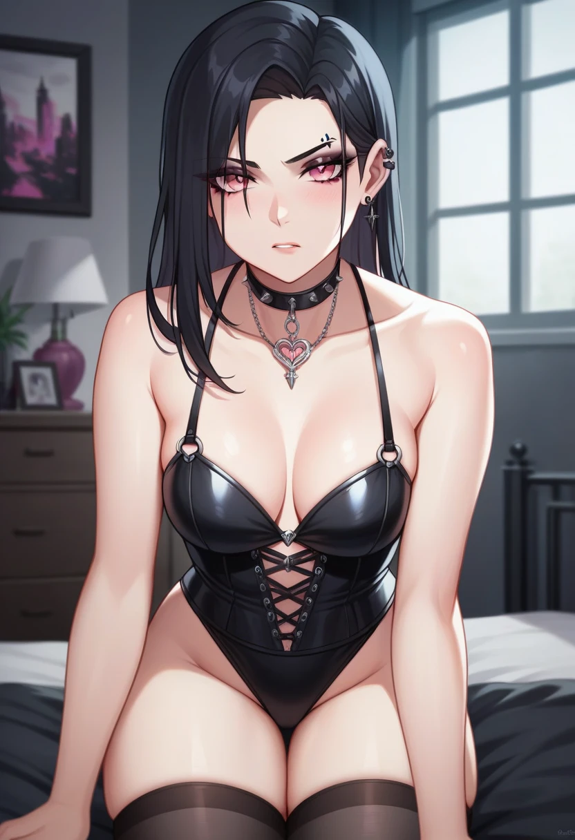 Adult, Female, long Black hair, goth girl, pink eyes gothic aesthetic, goth clothing, goth make up, thick thighs, medium chest, annoyed, disgruntled, bedroom, gothic bedroom, aesthetic bedroom, Masterpiece, Accurate, Anatomically Correct, Best Quality, High Details, Detail, Super Detailed, Best detail, Perfect detail, Amazing detail, [-3, 3], Close-Up, perfect body, best body, amazing body, Looking at viewer, front facing, head shot