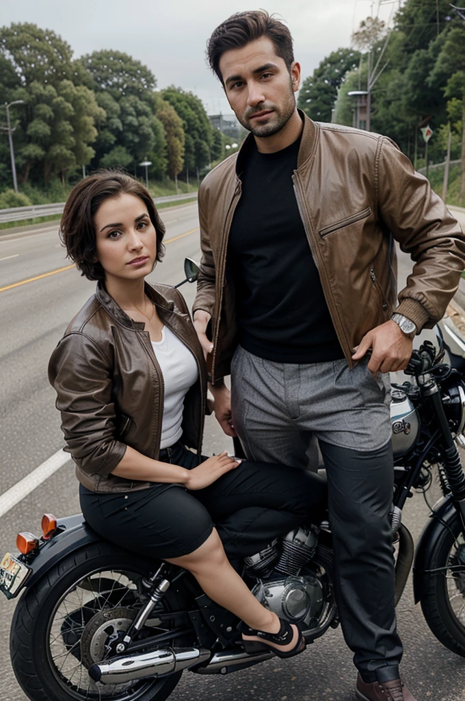 Make a caricature of a 30 year old man with short hair in a jacket and trousers and a 27 year old woman dressed in Muslim clothes..riding a motorbike on the highway. Realistic original photo