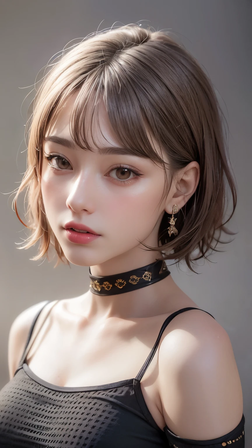 Very short bob with random hair color, short bob with random hairstyle, RAW photo, photorealistic, very dark lipgloss, so many eyelashes, elegant eyeshadow, white skin, glossy skin, high quality, high resolution, depth of field, chromatic aberration, caustics, (Korean model), Instagramer, looking down on viewer, necklace , 1 woman, earrings, bracelet, (((Colossal: 1.3, round breasts: 1.3))), (red and black babydoll), bed, cleavage emphasis pose, seductive makeup, seductive gesture, bust up