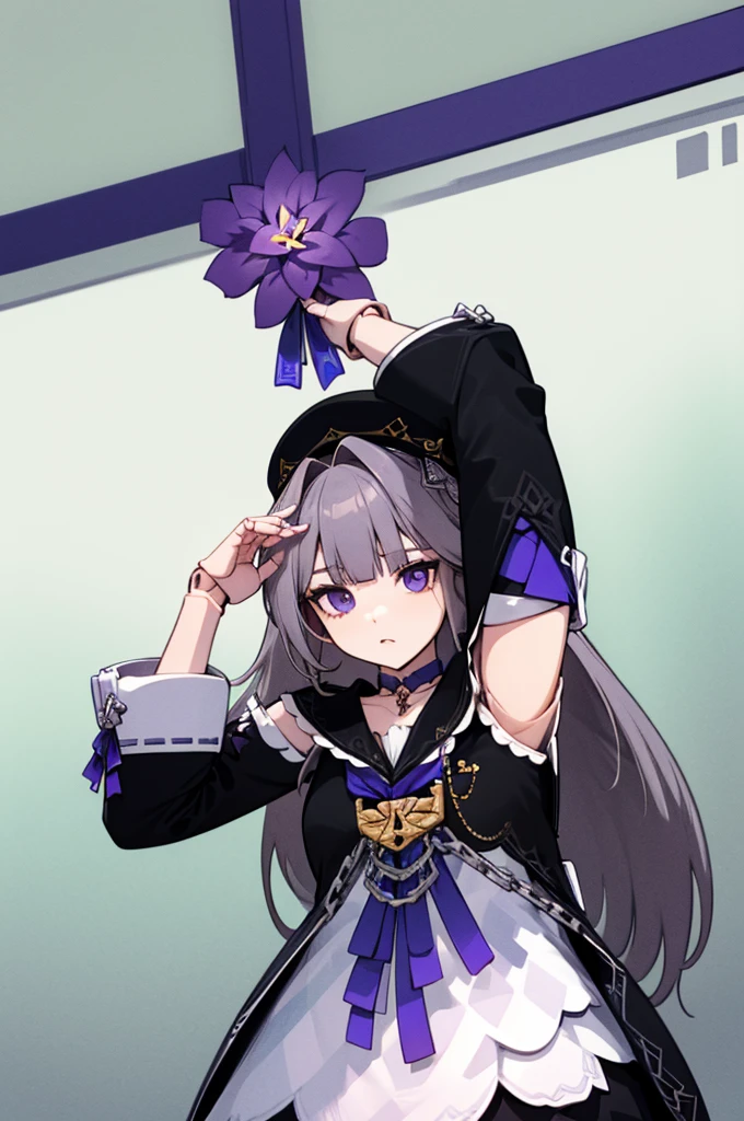 aherta, long hair, grey hair, hair flower, beret, black headwear, joints, choker, key, sailor collar, shoulder cutout, white dress, detached sleeves, herta, star rail herta, madam herta, star rail, arms up, absolute cinema meme, arms, front, front body, front body, hands up, front arms up, mature body, indiferent face, boring face, two arms only, two hands only