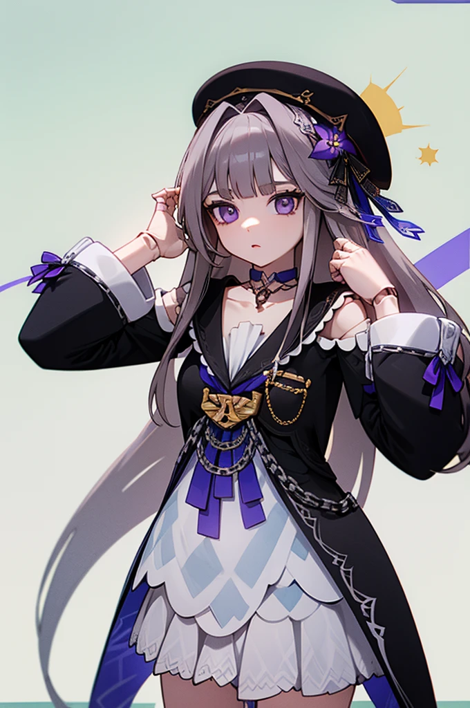 aherta, long hair, grey hair, hair flower, beret, black headwear, joints, choker, key, sailor collar, shoulder cutout, white dress, detached sleeves, herta, star rail herta, madam herta, star rail, arms up, absolute cinema meme, arms, front, front body, front body, hands up, front arms up, mature body, indiferent face, boring face, two arms only, two hands only