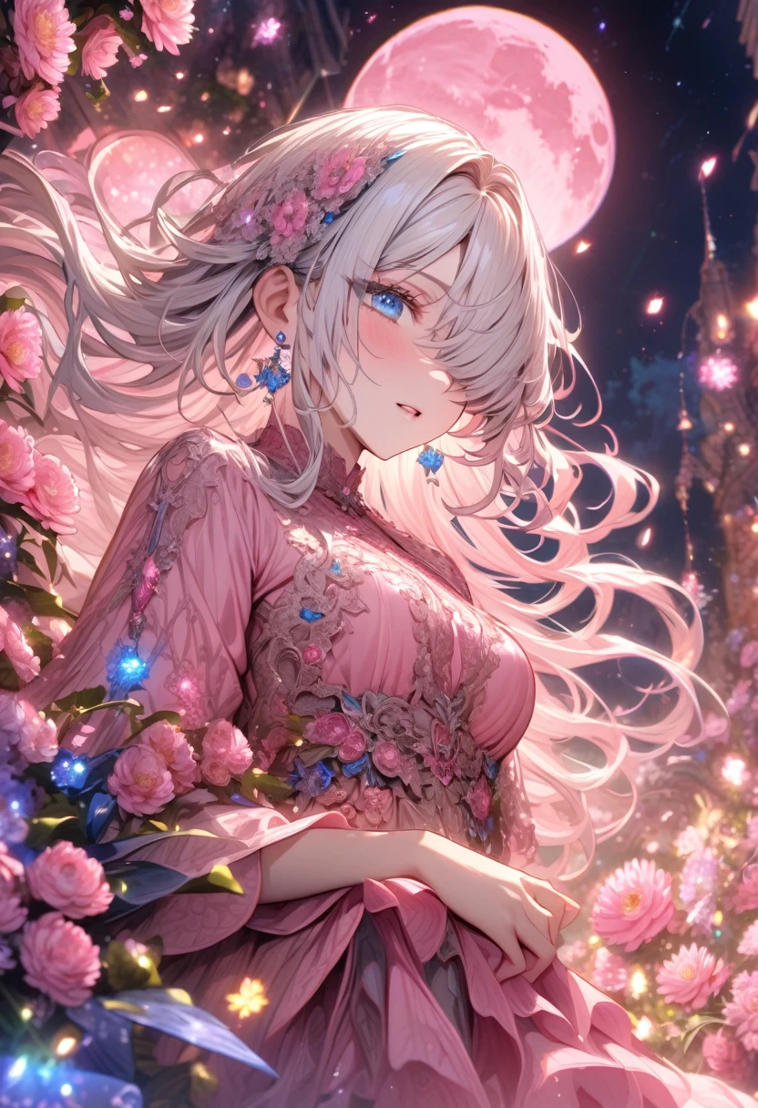 absurdres, highres, ultra detailed, HDR, master piece, best quality, extremely detailed, Elizabeth Liones, white hair, long hair, expressive blue eyes, hair over the right eye, blue earring, Nanatsu No Taizai, woman, solo, beautiful, pink shirt, fantasy, sparkling, pink glittering fireflies, pink moon, pink blossoms, pink chrysanthemums, pink sparkling lights, starry sky, magical