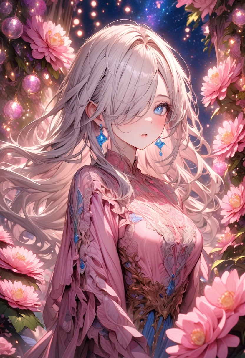 Best Photos、An illustration、detailed、(Watercolor:1.4)、(Hand-drawn:1.2)、(Watercolor brush bristles)、 masterpiece: 1.7, Highest quality、solo、Show me your back、Picturesque、sketch、Paper Texture、Ultra-high resolution、extra detailedd face、Highly detailedd eyes、Flat Color、Limited palette、High Contrast、Realisticな、Best lighting、goddess、elegant、Leprechaun、Mature Woman、Beautiful woman、Jewel Eyes、Gray Hair、Straight hair、Blue Gem、Smile a little、Blanche:1.5、(Tangleた、And Mandalas、Tangle、Intertwined:1)、Background Flowers、Lots of flowers、(((Stickers))), Exquisite detail, Highest qualityの8K解像度, 非常にdetailedな, Realistic, Vibrant colors, Soft tones, Warm and gentle lighting, (Beautiful Gothic Black Dress, Cute pink ribbon, Beautiful frills:1.2),(Sleek and straight pink hair:1.2),(Hair parted in the middle:1.2),(Shiny Hair),(Pink Eyes:1.3),Garden Girl,With overflowing softness and kindness,Visible and tangible emotions,(The promenade is full of flowers:1.3), Create colorful reflections.The sun shines with joy and pure love, Casts a warm golden glow on the girl&#39;s face,Freed from the troubles of this world. The atmosphere is full of happiness and laughter, It&#39;s like heaven、As if celebrating love,デジタルAn illustrationと写真を組み合わせて作成する, 超高精細な描写とVibrant colorsにこだわる. A style that combines romanticism and realism、You can feel the depth of love. The color palette consists of soft pastel tones., Creates a dreamy and fantastical atmosphere. The lighting is soft and diffuse, Put a gentle light on your face,この作品はmasterpieceだ,