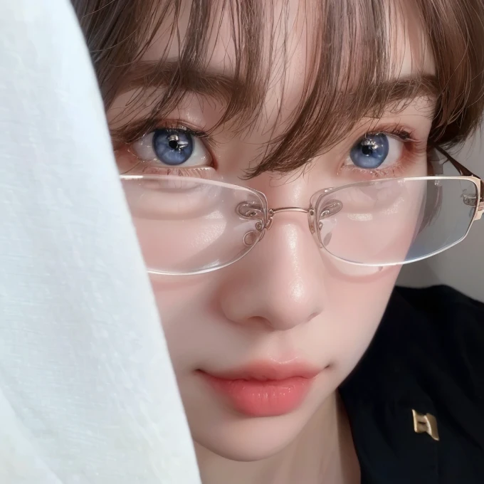 there is a boy com glasses that are looking at the camera, com glasses, Beautiful and clear face, usando pequenos glasses redondos, Kim Doyoung, light blue eyes, glasses, ulzzang, Tae June Kim, com glasses quadrados, jung jaehyun, ( ( glasses ) ), slight lens glare, small cups, com glasses on, usando glasses redondos grandes e finos, light blue irises