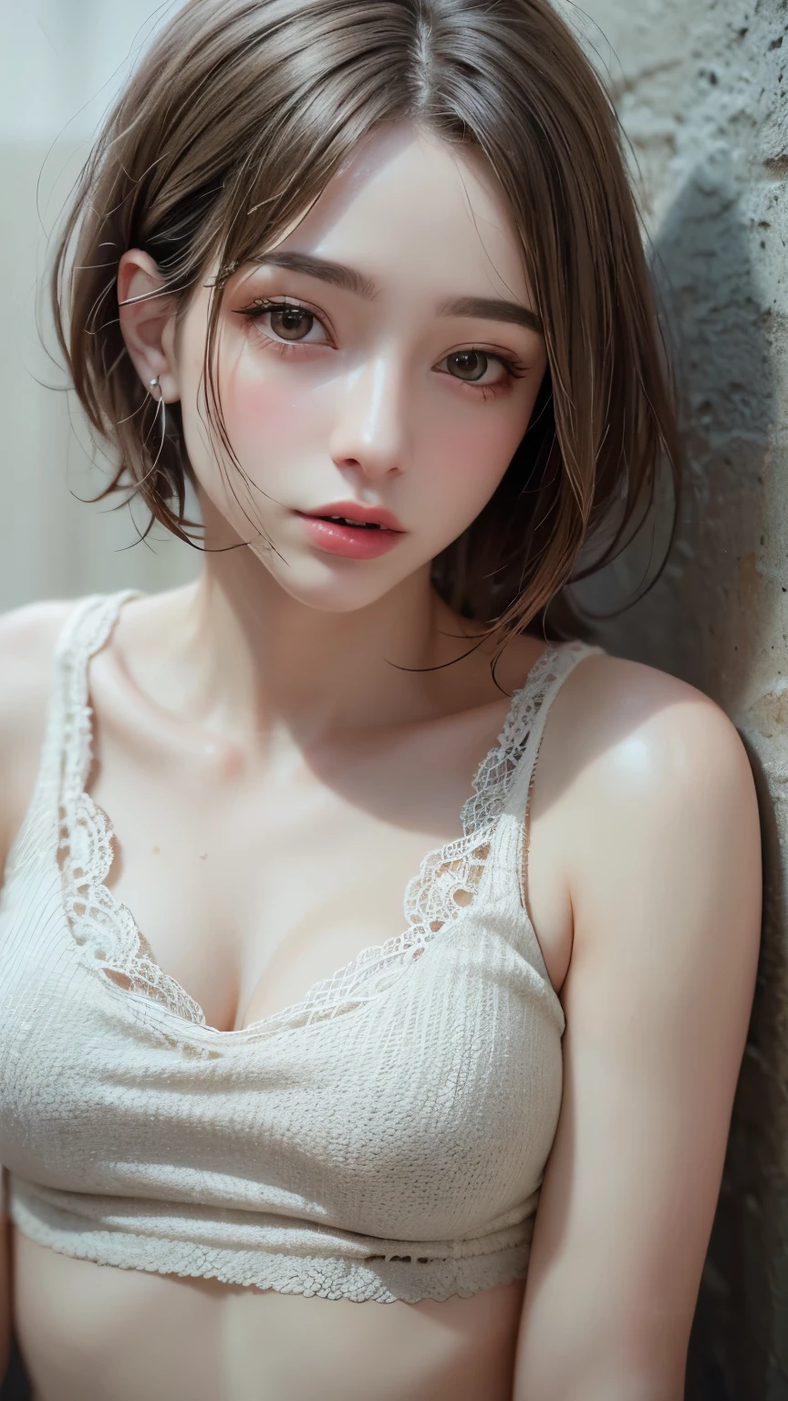 Masterpiece hyperrealist & Photorealistic beautiful girl, Realistic Skin (Pore-filled skin) Short Bob Cut Hair, Realistic red lips,Punk Girl, (head shot:1.5),Shorts