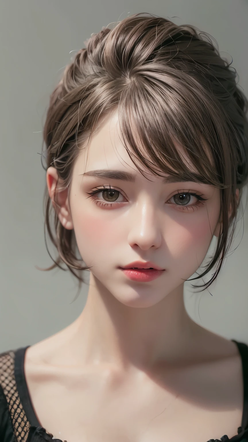 Masterpiece hyperrealist & Photorealistic beautiful girl, Realistic Skin (Pore-filled skin) Short Bob Cut Hair, Realistic red lips,Punk Girl, (head shot:1.5),Shorts
