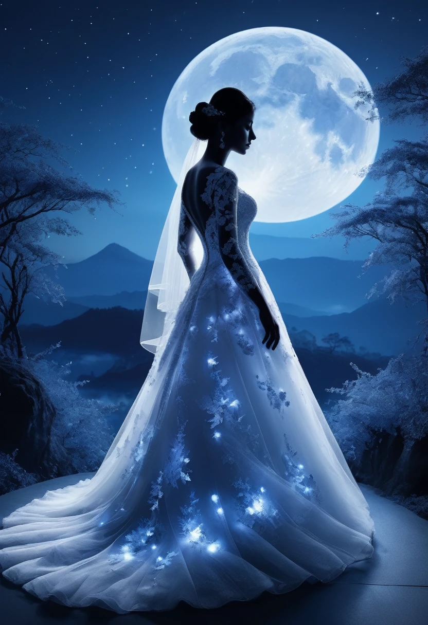 1 Bridal Dress Silhouette Art, Multiple Exposure, blue Moon, Improve, Complex, (Highest quality, masterpiece, Representative works, Official Art, Professional, Unified 8k wallpaper:1.3)、organdy、transparent