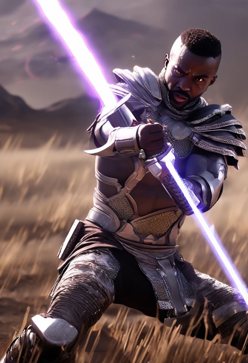 Side angle view A black African man on one knee head facing the ground, sword in it's sheath, explosive white light and particles in background, warzone with shields and torn armour all over the battlefield, sword and sandals epic, ridley scott movie, zach snyder movie, white particles shining a cinematic light providing a silhouette image of the black man, crafted with intricate details in Unreal Engine, Octane Engine, or Vray, evoking a sense of epic.