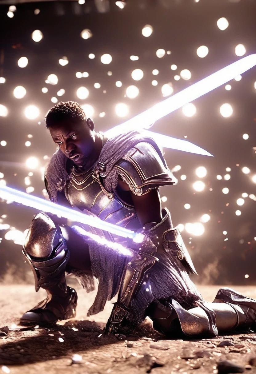 Side angle view A black African man on one knee head facing the ground, sword in it's sheath, explosive white light and particles in background, warzone with shields and torn armour all over the battlefield, sword and sandals epic, ridley scott movie, zach snyder movie, white particles shining a cinematic light providing a silhouette image of the black man, crafted with intricate details in Unreal Engine, Octane Engine, or Vray, evoking a sense of epic.