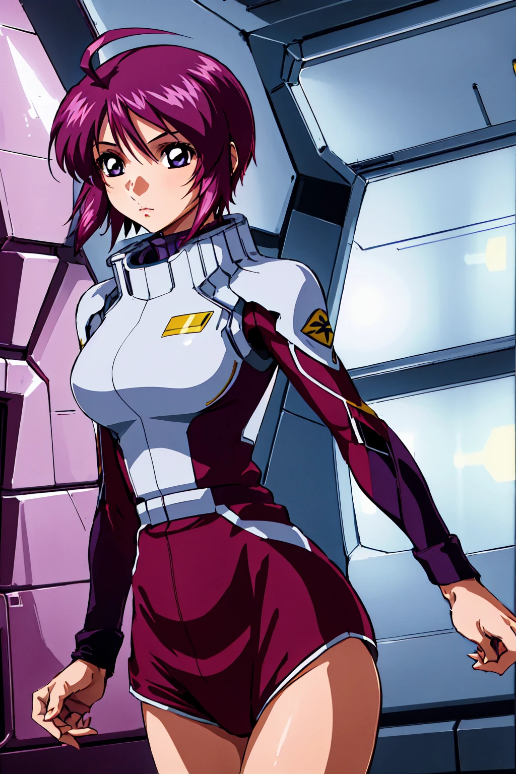 masterpiece, Highest quality, High resolution, One girl, alone, short hair, Ahoge, Redhead, Purple eyes, Purple Hair, Pilot Suit, gloves, Cowboy Shot, Are standing, Spaceship, indoor