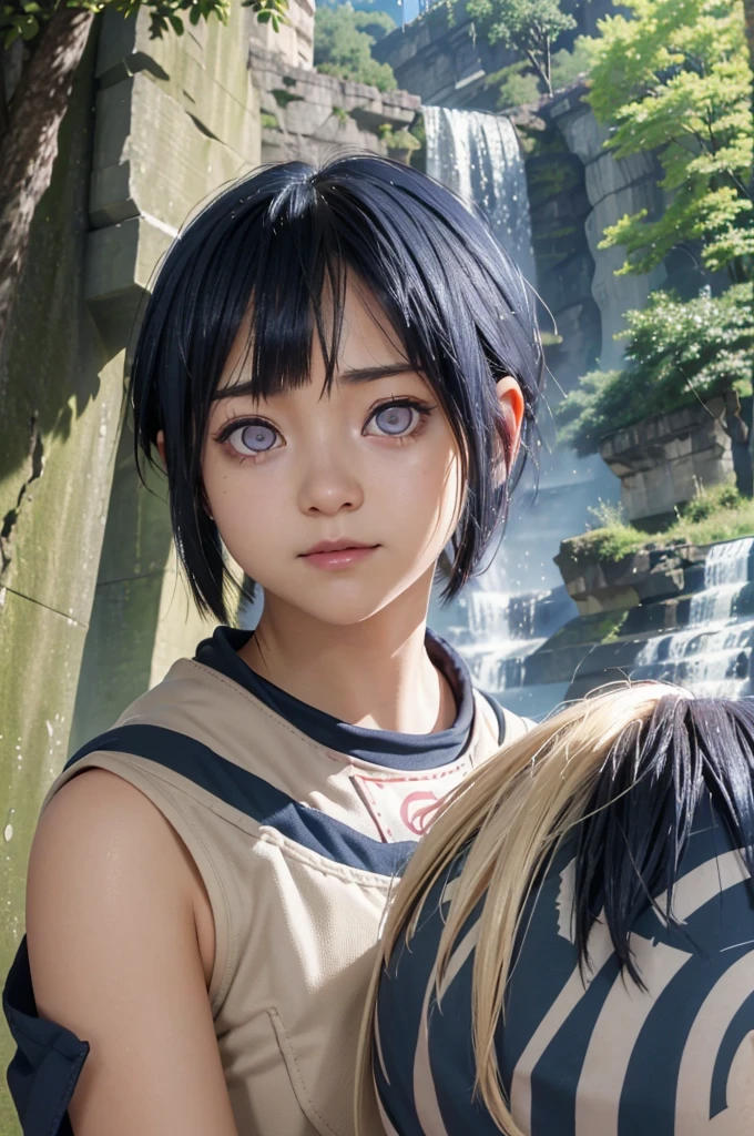 work of art, best qualityer, (realisitic, photo-realisitic:1.4), (CRU photo:1.2), extremely detaild CG unity 8k wallpaper, Delicate and gorgeous, Incredible, fine-details, offcial art, absurderes, incredibly absurderes, huge filesize, ultra detali, extremely detaild, extremely detaild girl, extremely detaild eyes and face, light on the face,small smiling,hinata hyuuga,(rhombus stripe:1.2),shorth hair,(Dark Blue Hair:1.25),wearing cream tank top,(teens girl:1.7),close up,waterfall