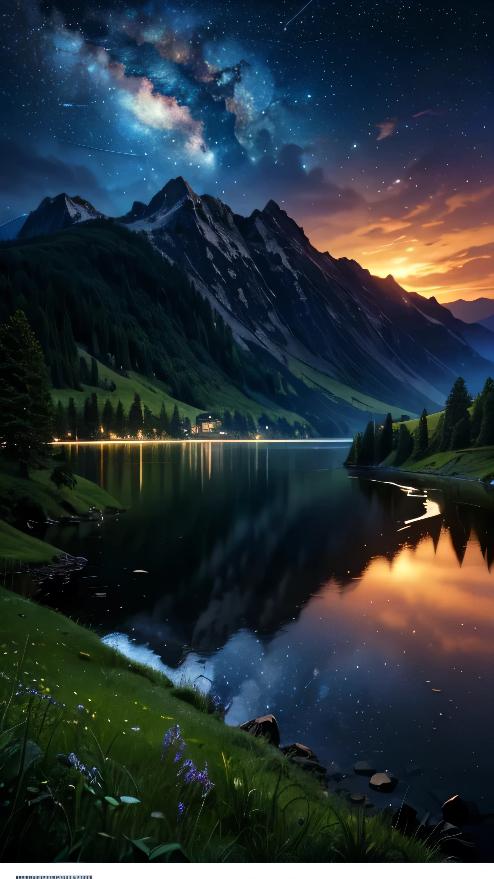 (logo, wonderful, 8k, Tabletop, RAW Photos, wonderful, 最high quality, PhotoRealistic and Very detailed, CG, high quality, Very detailed, Narrative poem, Particle Effects, Dynamic Effects, Text Border Depth, Cinema Lighting, Flare, Ray Tracing, Tabletop, Realistic, Ultra HD, Fantasy), Wind, The beauty and brilliance of mountains and forests, The tranquility and beauty of the grasslands and open lands of the world, Lakeside, wonderful scenery, Beautiful natural scenery, night, Starry Sky, constellation, full moon, space, nice, View, water, constellation, wonder, wonderful, meteor, magic, Best lighting, Best Shadow