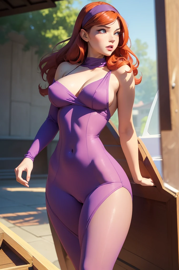 ((masterpiece, best quality, ultra-detailed, ultra-HD, photorealistic, cinematic)), (medium camera shot, from below:1.2), (sensual pose), (alluring and voluptuous female as Daphne Blake), perfect anatomy, perfect face, large breasts, proportioned hands, (shoulder-length red hair:1.3), (purple dress, pink pantyhose, and purple shoes), (wears a plastic purple headband and a green scarf), ((dynamic background)), (detailed pupils, detailed eyes, blushing, nude lips, slightly parted lips)