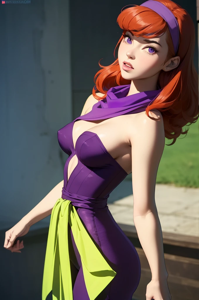 ((masterpiece, best quality, ultra-detailed, ultra-HD, photorealistic, cinematic)), (medium camera shot, from below:1.2), (sensual pose), (alluring and voluptuous female as Daphne Blake), perfect anatomy, perfect face, large breasts, proportioned hands, (shoulder-length red hair:1.3), (purple dress, pink pantyhose, and purple shoes), (wears a plastic purple headband and a green scarf), ((dynamic background)), (detailed pupils, detailed eyes, blushing, nude lips, slightly parted lips)