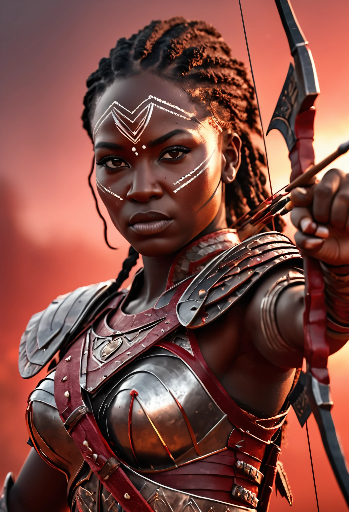 Close a powerful threat, The imposing appearance of a beautiful and powerful warrior Dora Milaje in a combat pose, menacing stare, ricamente detalhada, Incredibly well braided long hair with bright lights, Hiper realista, black skin like shiny oil, mulher muito linda, corpo espetacular, Mulher curivilinea, 3D-rendering, obra-prima, NVIDIA, RTX, ray-traced, Bokeh, Night sky with a huge, Lua cheia bonita em uma floresta reluzente, estrelas brilhando, 8k,