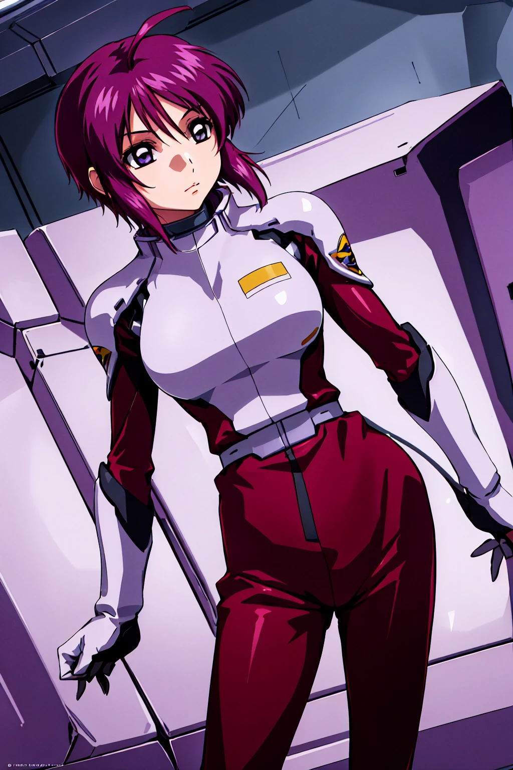 masterpiece, Highest quality, High resolution, One girl, alone, short hair, Ahoge, Redhead, Purple eyes, Purple Hair, Pilot Suit, gloves, Cowboy Shot, Are standing, Spaceship, indoor