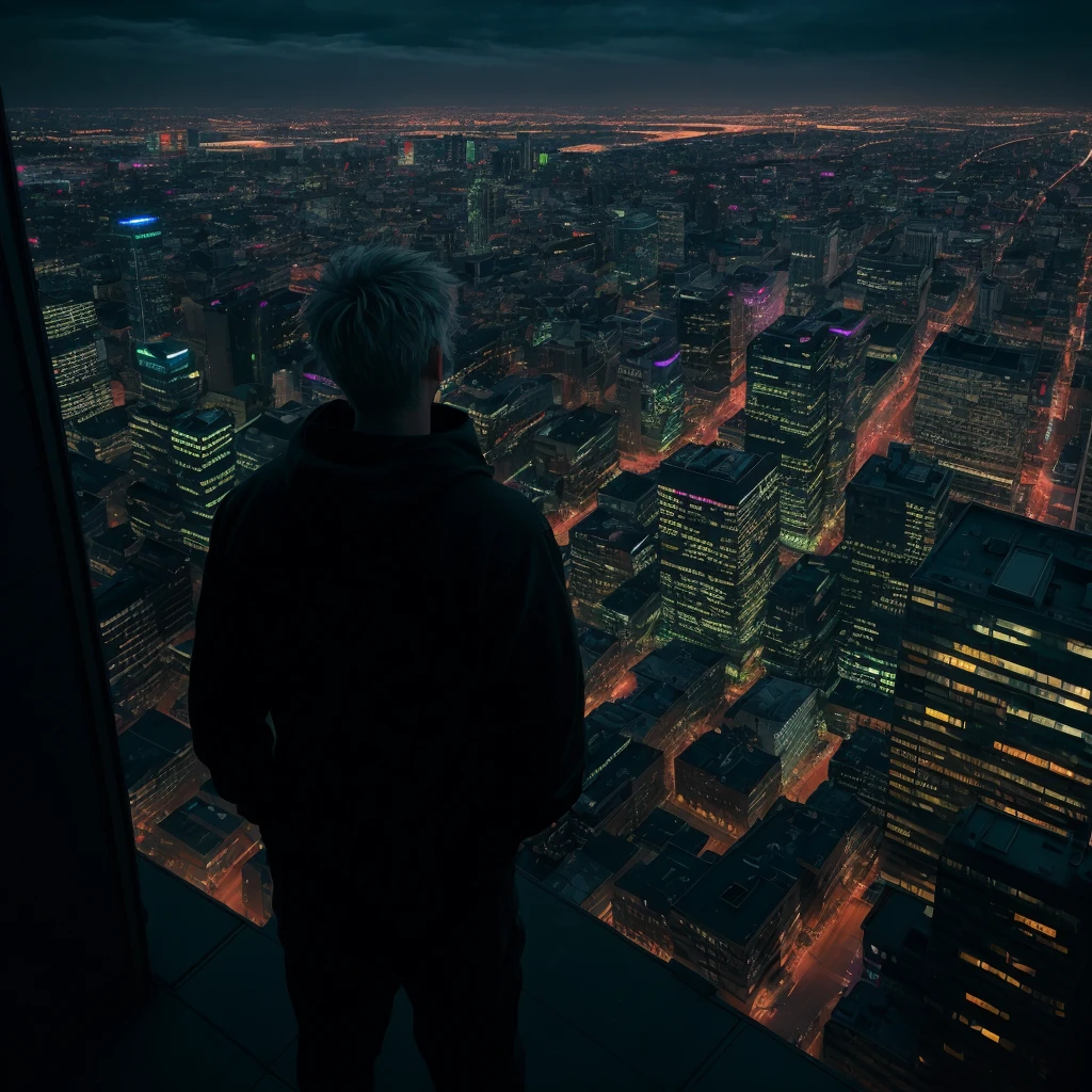 a man addicted to weed smoking on a rooftop overlooking a magnificent night city, a menacing presence observing him in the sky, ultra-realistic photo, high angle, cinematic lighting, moody atmosphere, dramatic shadows, neon lights, detailed architecture, glowing cityscape, hyper-realistic, 8k, photorealistic