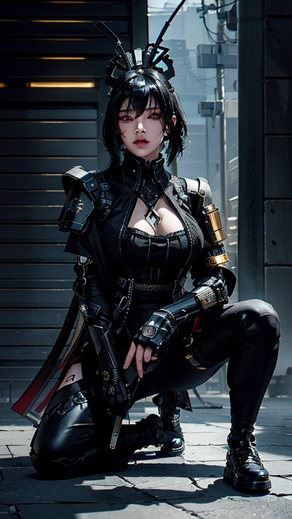 Surreal version of a woman kneeling down on one knee with sword in hand, very beautiful cyberpunk samurai,Sitting on one knee,Futuritic background,  cyberpunk anime art, cyberpunk samurai, cyberpunk city anime art, cyberpunk anime, cgsociety 9, digital cyberpunk anime art, style of maciej kuciara .1girl, samurai armor, devil mask helmet, intricate, detailed ornaments, cold colors, metallic, Egyptian details, details very complex, realistic lighting, trending on social cgs, glowing eyes, facing camera, Brick wall,neon details, surreal details, full body portrait, Japanese atmosphere, lighting global, shadow, octane rendering, 8k, super sharp lolita.((Best quality)), ((masterpiece)), (details:1.4), 3D, image of a female cyberpunk beautiful,HDR (High Dynamic Range),Beam Range,NVIDIA RTX,Ultra High Resolution,Unreal 5,Subsurface Scattering,PBR Textures,Post-processing,Anisotropic Filtering,Depth of Field, Maximum clarity and sharpness, Multi-layer textures, Albedo and Reflection maps, Surface shadows, Accurate simulation of light-material interaction, Perfect scaling, Octane rendering, Two-tone lighting Color, Wide Aperture, Low ISO, White Balance, Rule of Thirds, 8K RAW,