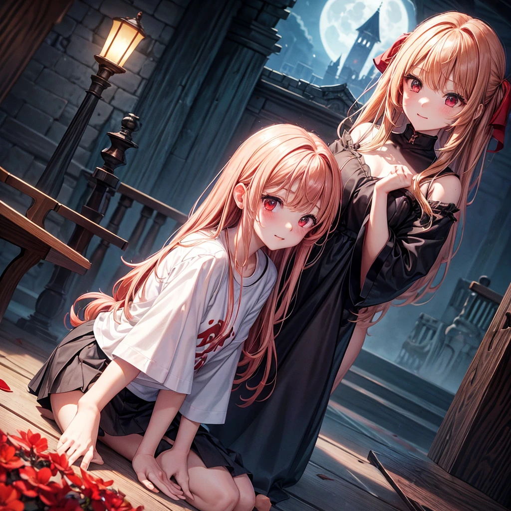 Red-blonde、Red eyes、One cute girl、solo、And soul、Light clothing、Checked mini skirt、petal、Wet hair、Sit on、black t-shirts、large tree、cloud、full moon、monster castle、lanthanum、Hell's Gate、Craft Gatekeeper、barefoot、Stones are piled up、Devil、Teeth are visible、Secret Treasure、Wooden chair、Wooden fence、Carrying a backpack