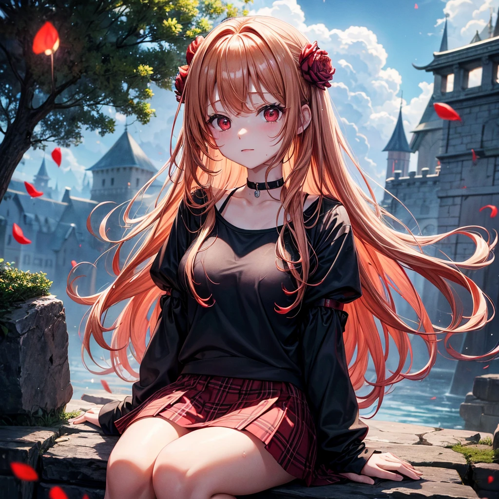 Red-blonde、Red eyes、One cute girl、solo、And soul、Light clothing、Checked mini skirt、petal、Wet hair、Sit on、black t-shirts、large tree、cloud、full moon、monster castle、lanthanum、Hell&#39;s Gate、Craft Gatekeeper、barefoot、Stones are piled up、Devil、Teeth are visible、Secret Treasure、Wooden chair、Wooden fence、Carrying a backpack