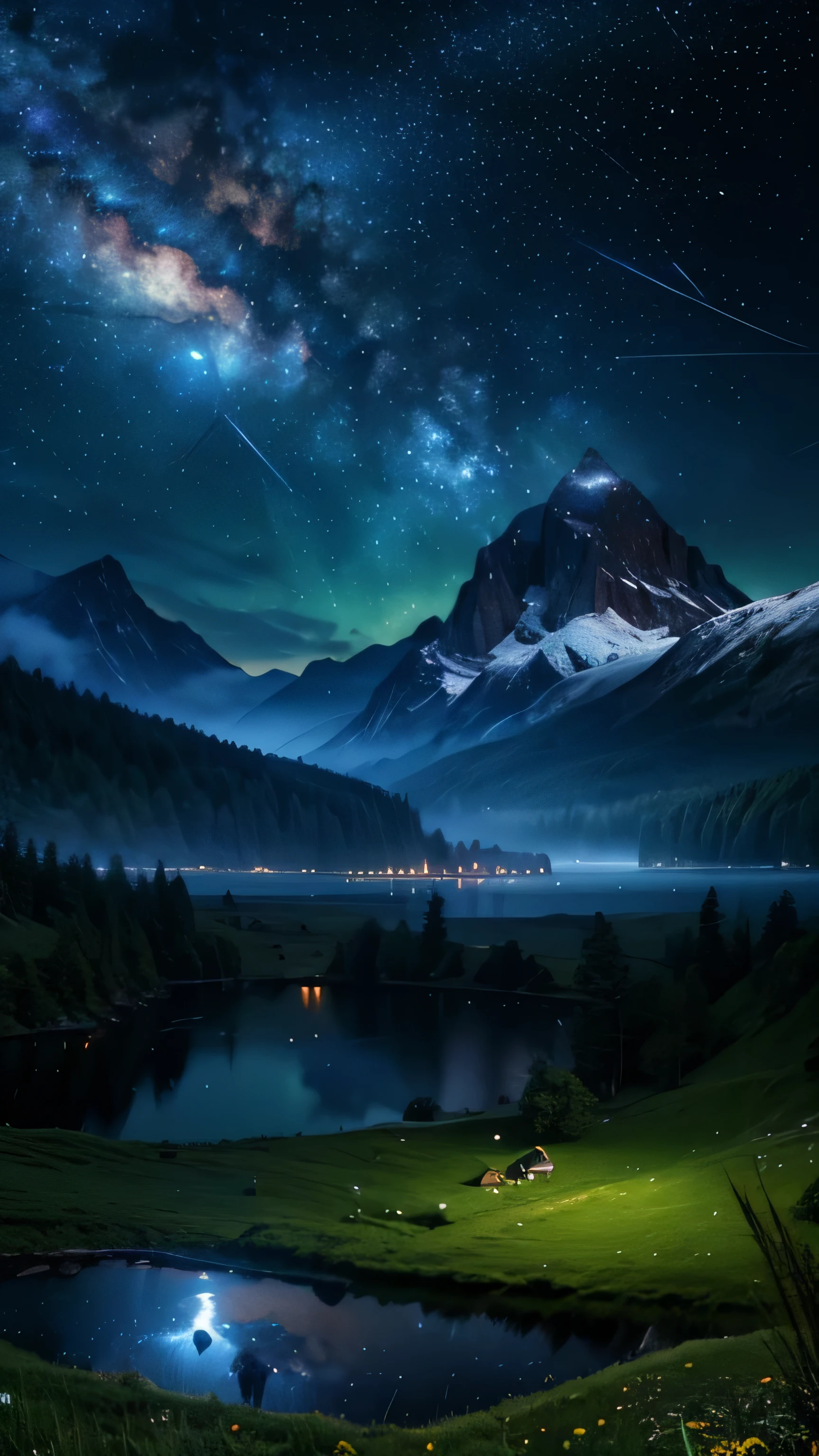(logo, wonderful, 8k, Tabletop, RAW Photos, wonderful, 最high quality, PhotoRealistic and Very detailed, CG, high quality, Very detailed, Narrative poem, Particle Effects, Dynamic Effects, Text Border Depth, Cinema Lighting, Flare, Ray Tracing, Tabletop, Realistic, Ultra HD, Fantasy), Wind, The beauty and brilliance of mountains and forests, The tranquility and beauty of the grasslands and open lands of the world, Lakeside, wonderful scenery, Beautiful natural scenery, night, Starry Sky, constellation, full moon, space, nice, View, water, constellation, wonder, wonderful, meteor, magic, Best lighting, Best Shadow