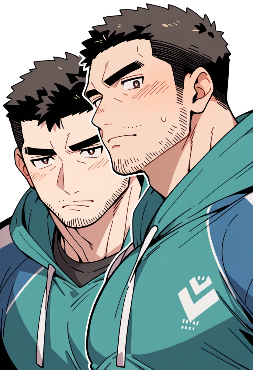 anime characters：Chris Redfield, Muscle Sports Student, Buzz Cut, Manliness, male focus, Sports tight hooded sweatshirt, Wear a black high-necked tights inside, Very tight, Huge chest muscles, muscular male, muscular, only, Upper body, alone, Red short hair, Thick eyebrows, stubble, Brown-red pupils, White background, simple background, amazing quality, best aesthetics, Ridiculous, crew cut, embarrassed, frown, nervous, negative space, best quality