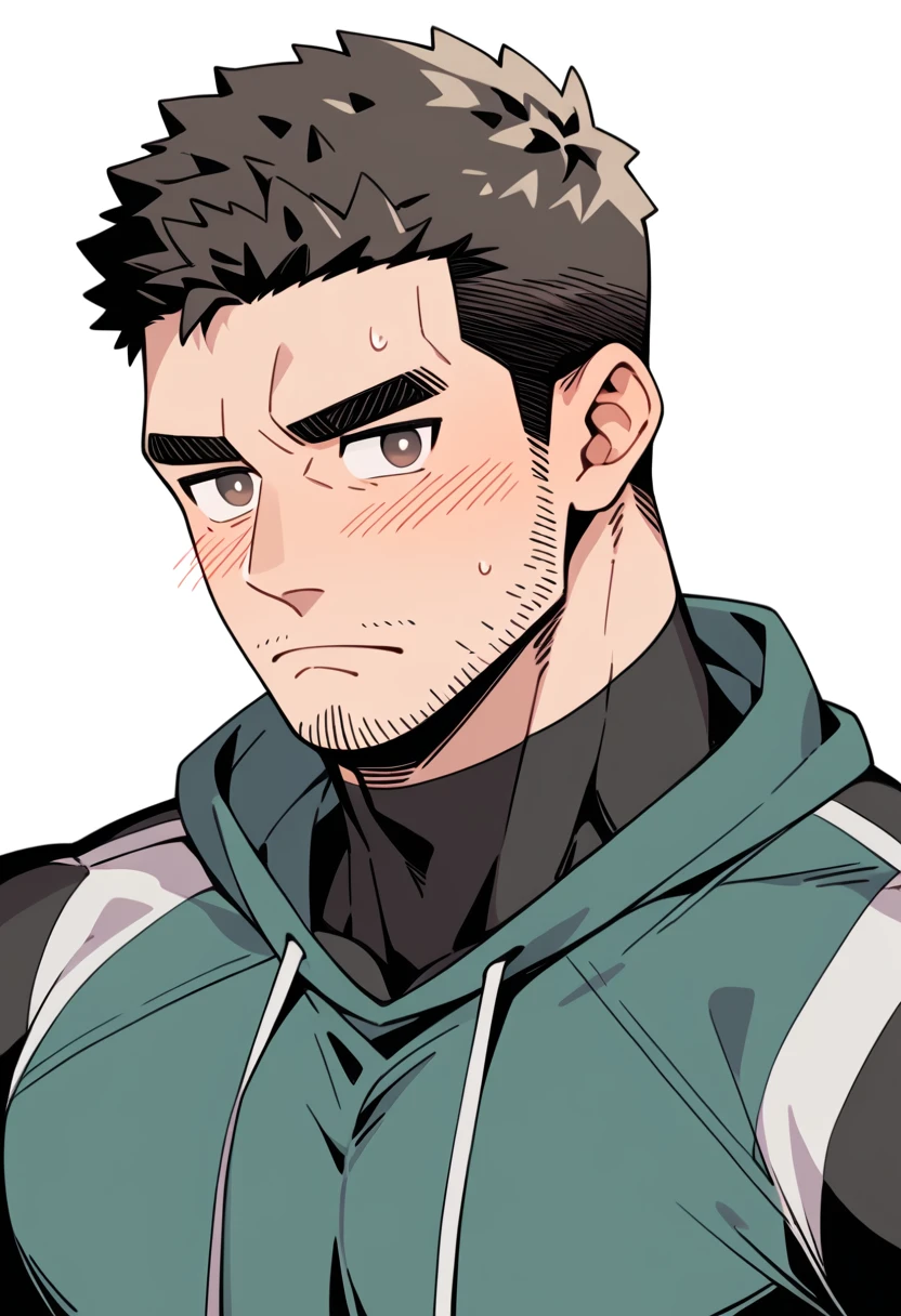 anime characters:Chris Redfield, Muscle Sports Student, Buzz Cut, Manliness, male focus, Sports tight hooded sweatshirt, Wear a black high-necked tights inside, Very tight, Huge chest muscles, muscular male, muscular, only, Upper body, alone, Red short hair, Thick eyebrows, stubble, Brown-red pupils, White background, simple background, amazing quality, best aesthetics, Ridiculous, crew cut, embarrassed, frown, nervous, negative space, best quality