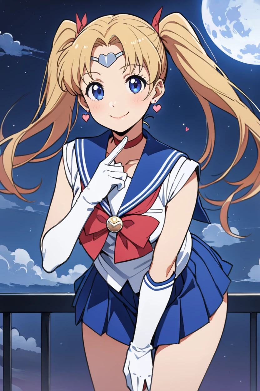 ((masterpiece,Highest quality)), High resolution, cute, eyelash,    Upper Body, smile, Leaning forward, Put your finger on your lips,  tsukino usagi, One girl, alone, Long Hair, chest, View your viewers, smile, bangs, blue eyes, skirt, Blonde, gloves, bow, Twin tails, jewelry, Mouth closed, heart, Cowboy Shot, pleated skirt, Earrings, null, choker, elbow gloves, cloud, white gloves, Sailor collar, Hair Bun, red bow, blue skirt, parted bangs, Double Bang, night, Magical girl, moon, blue Sailor collar, 三日moon, night null, full moon, Circlet, red choker, Sailor Warrior Uniform, 三日moon Earrings, tsukino usagi,