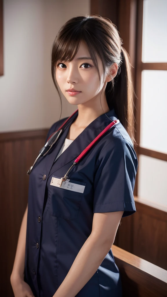 A beautiful young Japanese woman, around 20 years old, wearing a Nurses' Uniforms, ultra-detailed, 8K resolution, highly realistic, cinematic lighting, best quality, masterpiece, photorealistic, physically-based rendering, extremely detailed, vivid colors, professional, sharp focus, studio lighting