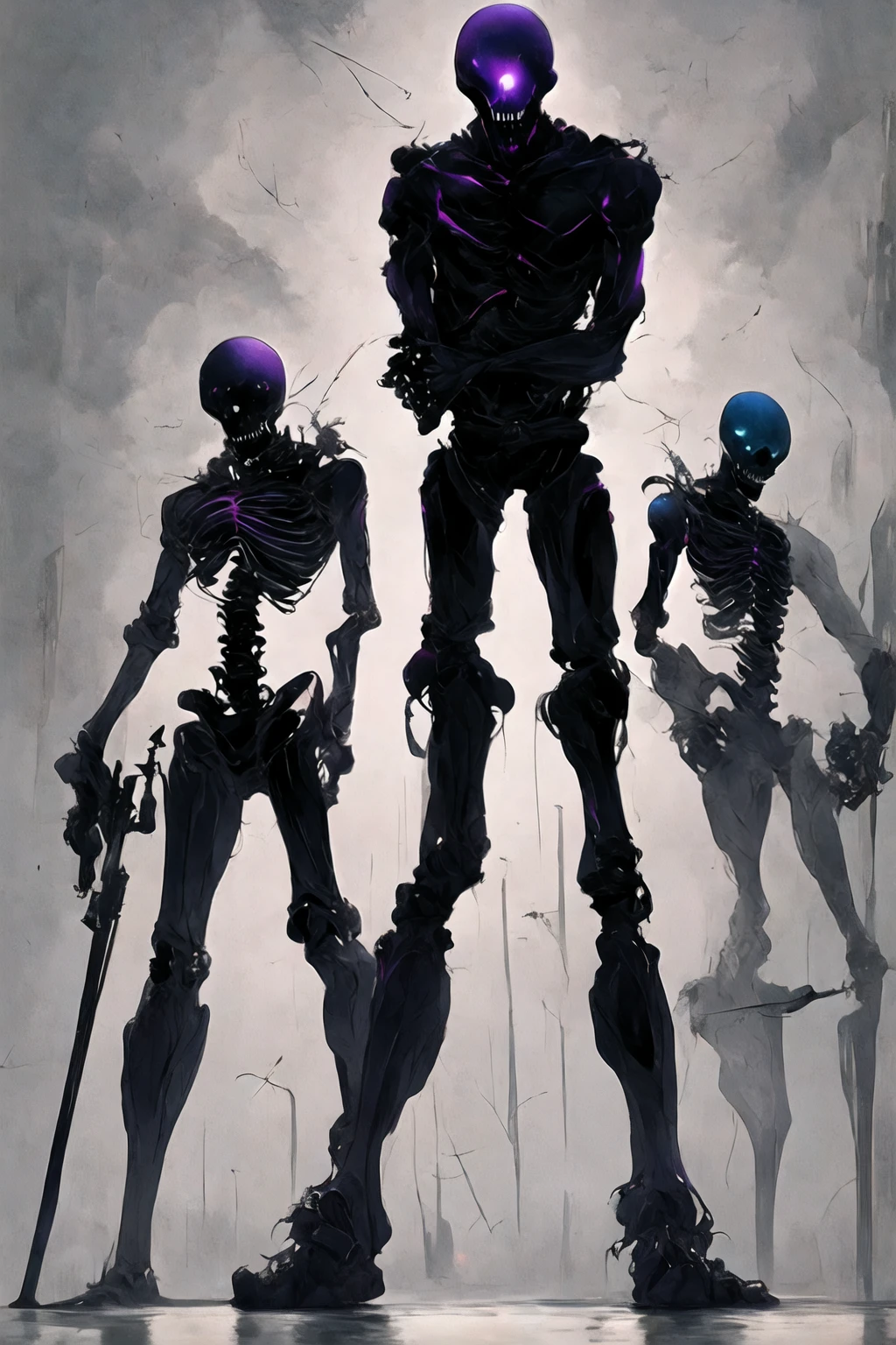 外見は黒いfog,Put on your armor,Modern Battle Suit(((Appearance)))The shape is humanoid,Modern weapons(((Features)))Eyes glowing red,The shape is made of purple glowing matter..(((male)))The skeleton is human-like、Muscle fibers are visible.,fogのようなもので獲物を探す(((background)))Barren Land,dead tree,fog,Chaotic world(((Standing posture)))Battle Scenes,overwhelmingly strong,Highest quality。